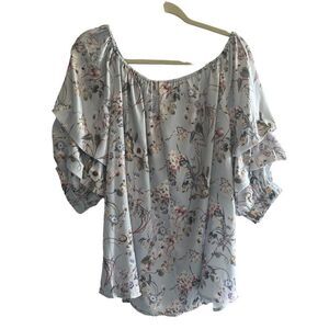 New Easel Blue Floral Silky Tunic Top Shirt Women’s Medium Pullover Summer